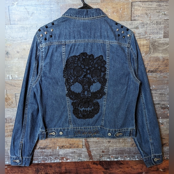 Upcycled Handcrafted Ton Of Detailed Bling Jean Jacket With Black Skull - Picture 9 of 16